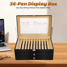 36‑Slot Black PU Pen Display Box,Glass Lid Velvet Lining,for Pen Collect Storage picture
