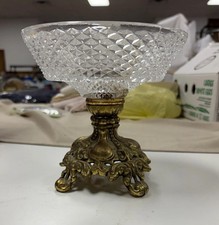 Vintage Hand Cut Lead Crystal Brass Compote Pedestal Hollywood Regency picture