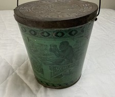Antique Advertising Tin, Pail, Early 1900’s, Green, Schepp’s Cocoanut, Monkey picture
