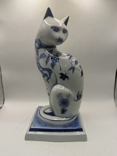 Vintage Blue White Porcelain Siamese Cat Figurine Thailand Floral 11