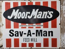 VINTAGE MOOR MANS PORCELAIN SIGN OLD FARM SEED CHICKEN FEED MILL COW LIVESTOCK picture