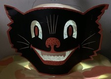 1940s Halloween Beistle Smiling Cat Double-Sided Candle Lantern w/Wire Hanger picture