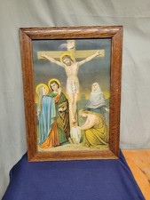 Vintage Jesus Crucifixion Print Wood Frame Glass 22