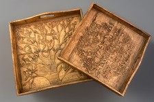 Vtg Handcrafted Wood Carved Tray Stackable Tree Floral Lot Of 2  picture