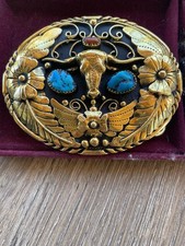 NewVtg Turquoise & Coral  Silver Gilt 14KT Gold Vermeil P Native American Steer picture