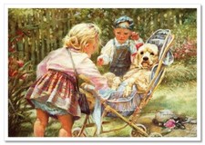 Pretty LITTLE GIRL & BOY with DOG KIDS ART Kathryn NEW modern Postcard picture