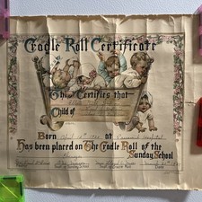 1927 Cradle Roll Certificate Sunday School Beautiful Art Work Decor Antique  picture