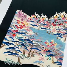 Kaga Yuzen Dyed #C 14x68 LONG Vintage Tomesode Black Silk Kimono Fabric ToE83 picture