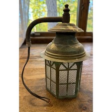Vintage Copper Verdigris Wall Lantern Hexagonal Pebbled Glass Outdoor Light picture