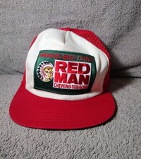 Vtg 70s 80s Red Man Chewing Tobacco Patch Trucker Hat Snap Back Red White USA picture