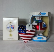 3 vtg PATRIOTIC Glass Christmas Ornament CHRISTOPER RADKO American Flag Heart, picture