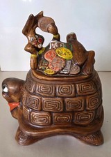 Turtle Cookie Jar w/ Rabbit Lid, Brown Multicolor Ceramic 14 x 10 x 8 picture