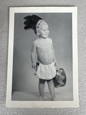 Vintage 1940s-60s B&W Snapshot Toddler Boy Native American Costume w/ Drum picture