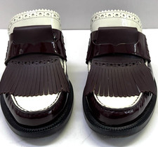 Burberry Bechshill Kiltie Fringe Woman Leather Mules Sz: 37 US6.5 Brown & Cream picture