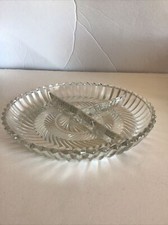 Vintage Round Clear Glass 3 Section Herringbone Pattern Candy/Nut/Relish Dish picture