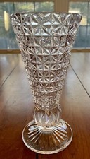 Vintage Heavy Clear Pressed Glass Trumpet Vase Star & Square Pattern 8