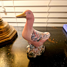 VTG H.F.P. Macau Chinese Porcelain Duck Figurine Pink Floral Gold Hand Painted picture
