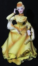 Vtg. Mk'd 6555F Porcelain Figurine Lady in Yellow Dress w Pillbox Hat 6 1/4