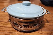 Vintage Blue - Green  Pottery Stoneware Covered Casserole Dish with Trivet USA picture