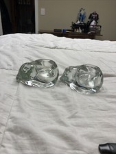 NOS VTG Indiana Glass Clear Glass Sleeping Kitty Cat Votive Candle Holders (2) picture
