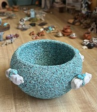 ZUNI TRIBAL Handmade TURQUOISE ENCRUSTED FETISH POTTERY BOWL, 6” Dia-GREAT FIND picture
