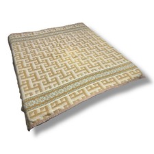 Vtg Esmond Camp Blanket 67x69” Tan Aqua Floral Illusion 20s 30s 40s Cotton picture