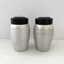 Vintage Kromex Spun Aluminum Salt Pepper Shakers Silver Black Retro MCM picture
