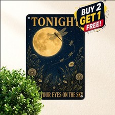 Glowing Full Moon Dragonflies Meadow Sign Whimsical Nature Metal Plaque picture