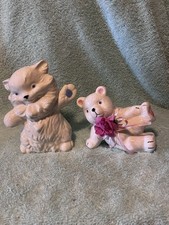 Vintage White Ceramic Anthropomorphic Kitten And Teddy Bear Figures picture