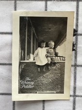Antique Photo Two Children Sitting on Porch Ledge Siblings c1910s picture