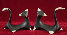 Vtg MCM Atomic Cubist Black Cat Figurines Ceramic Set of 2 Green Rhinestone Eyes picture