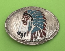 Vintage Handcrafted SSI 1988 Native American Indian Chief Gem Inlay Belt Buckle picture