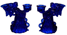 2 Vintage Glass Angel Taper Candlestick Holders Cobalt Blue Religious 5 1/8