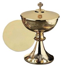 Etched Celtic Cross Ciborium With Cover Brass Gold Plated Church Communion Cup picture