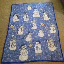 Vintage Biederlack Blanket Snowmen Snowman Winter Blue Reversible 74”X56