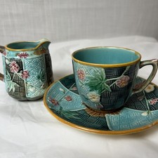 Antique Wedgwood Majolica Tea Cup Saucer Creamer C.1880-1890 Japanese Aesthetic picture