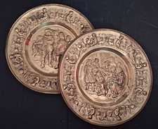 Set of 2 Silver Tone Metal Wall Plaques Raised Figural Scenes w/ Hanging Loops picture