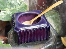 Vintage Purple Amethyst Ribbed Glass Square Open Salt Cellar W/ Celluloid Spoon  picture