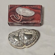 Vtg Double Heart Silverplate Velvet  Godinger Jewelry Trinket Original Box 1989 picture