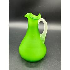 Satin Glass Small Pitcher Green Vintage Clear Handle EUC picture