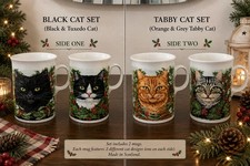 Dunoon Fine Scottish Stoneware Christmas Cat Holly Mugs Set of 2-2sided Scotland picture