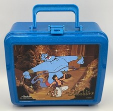 NEW UNUSED Vintage 1990s Disney Aladdin Blue Glitter Lunchbox & Thermos Set • Ge picture