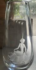 Orrefors Sweden Crystal Vase Sven Palmqvist Boy & Birds Etched Signed P2624 MCM picture