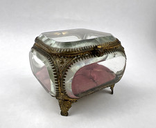 Antique French Beveled Glass Jewelry Casket Box with Tufted Interior picture