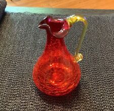 Hand Blown Ruby Red Crackle Glass Pitcher Applied Yellow Handle Delicate 5 