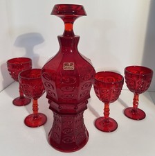 HTF Viking Glass Decanter Ruby Red Yesteryear Bullseye #1821 + 5 Stemmed Goblets picture