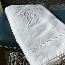 Vintage French Linen Sheet Les 2 Rennes Ladderwork Monogram JB 82x106 White picture