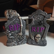 Skeleton Tombstone Cement Plaster RIP Tabletop Office Decoration Heavy 2 Pieces picture