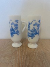 Vintage Avon Milk Glass Blue Toile Pedestal Glasses Set of 2 Cottagecore picture
