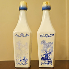 Vintage Vandermint Dutch Liqueur Bottles Pair Milk Glass Delft Blue Windmill picture